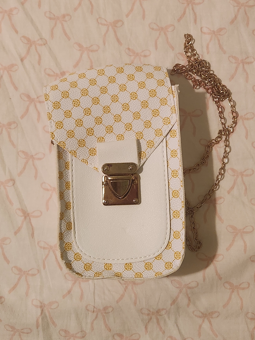 SHEIN White and Gold Patterned Chain Crossbody Phone Bag